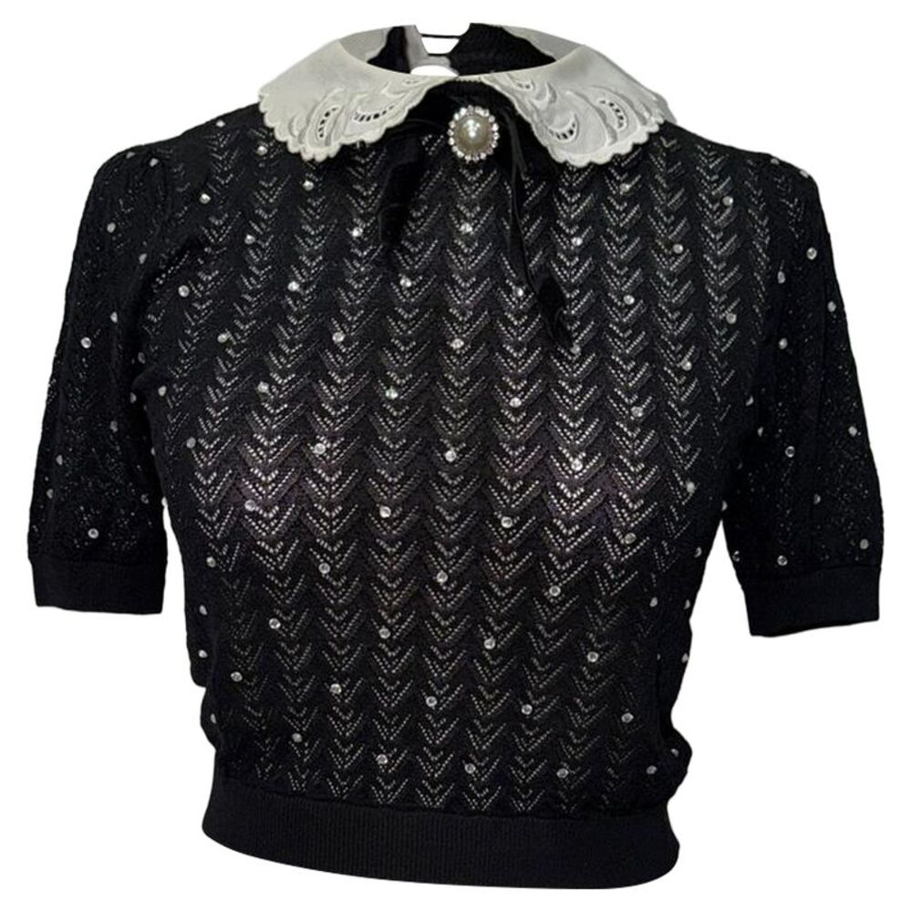 Alessandra Rich Contrast-Collar Crystal-Embellished Knitted Top in Black Wool